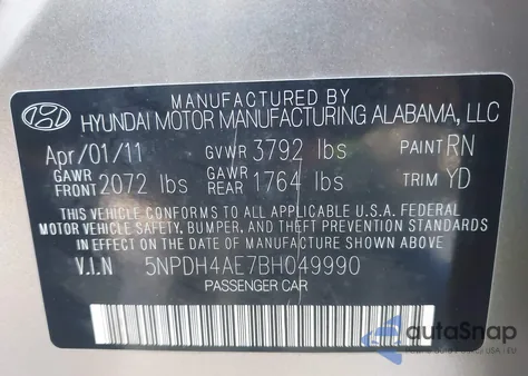 2011 Hyundai Elantra Gls from USA, damaged, VIN 5NPDH4AE7BH049990